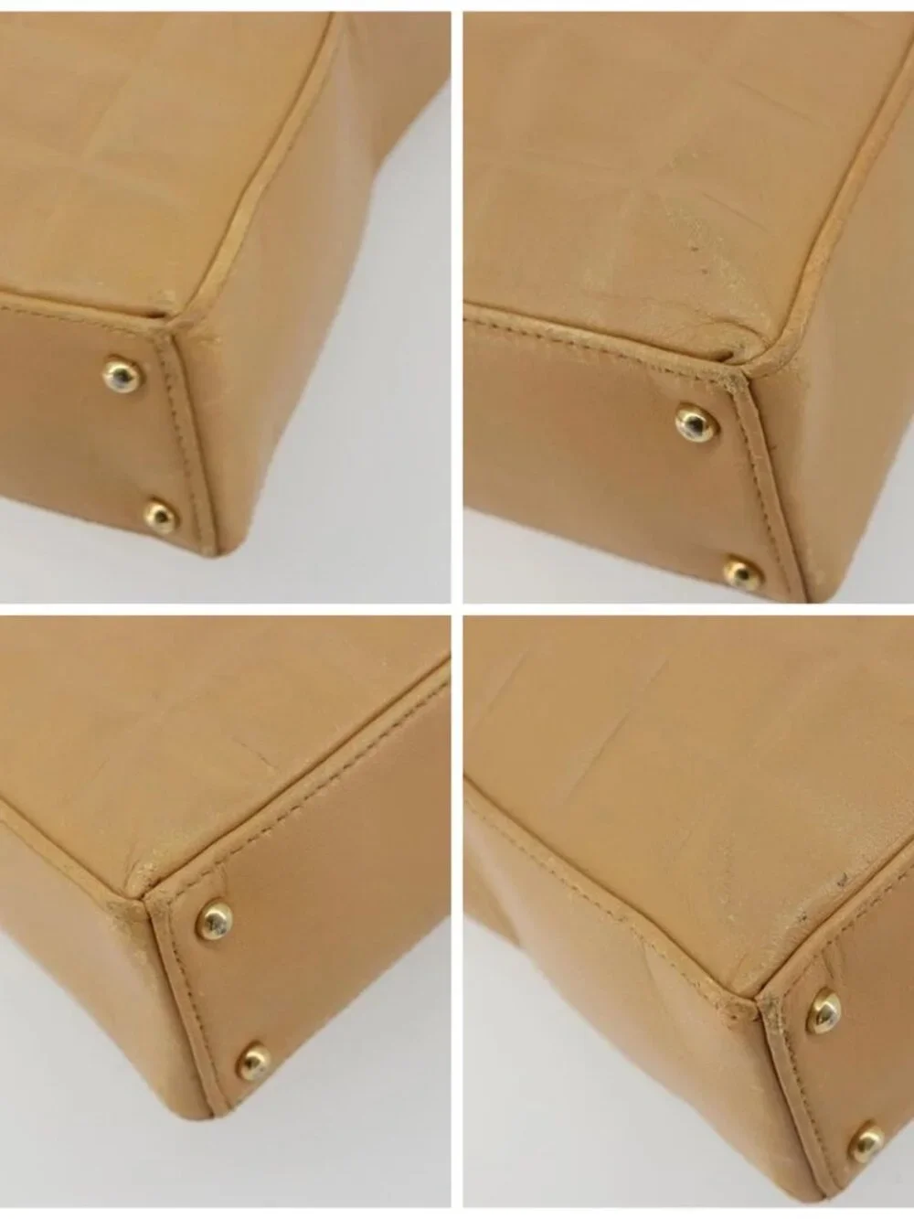 CHANEL Choco Bar Tote Bag Lamb Skin Beige Gold CC Auth BA13309